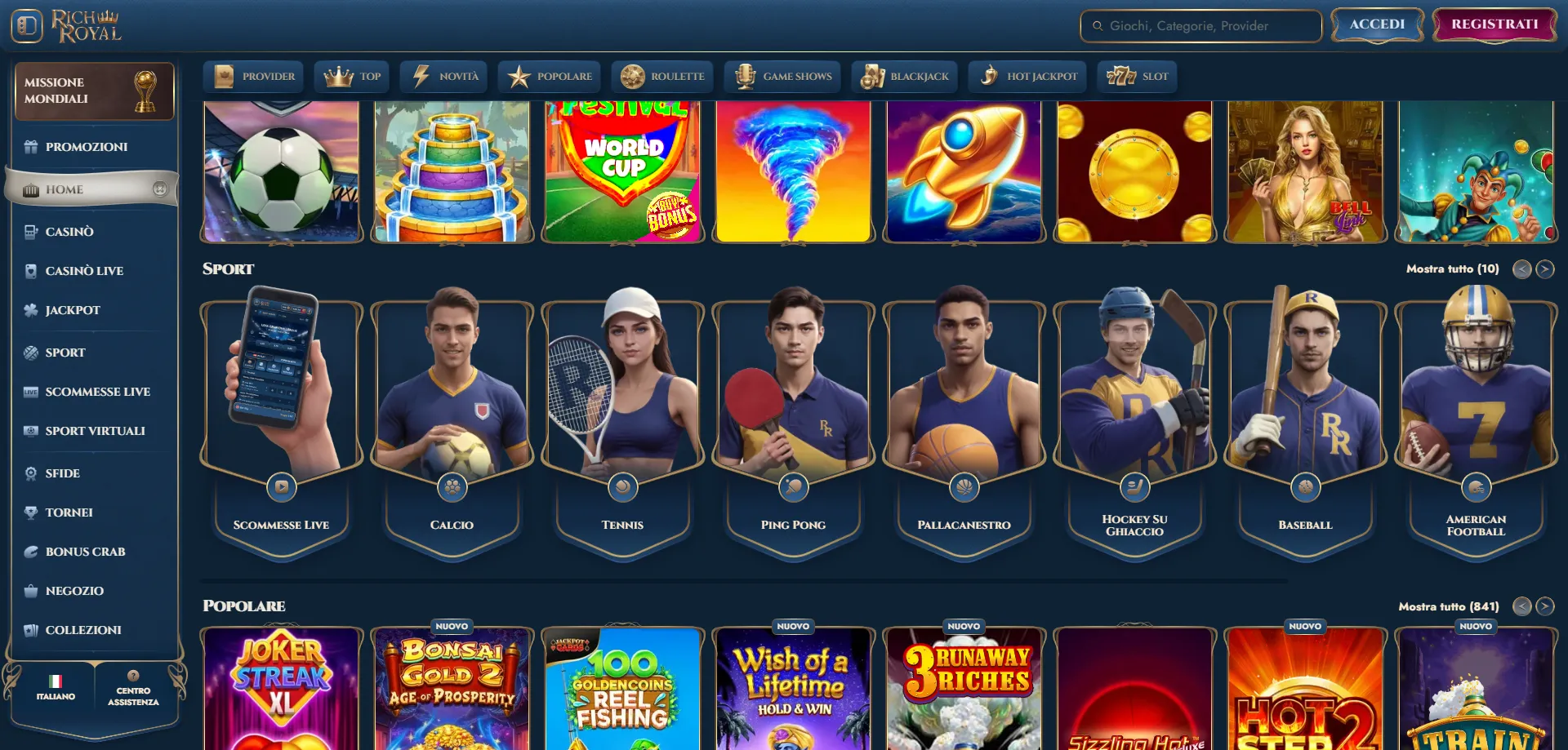 Scommesse sportive live RichRoyal Casino &mdash; calcio tennis e Formula 1