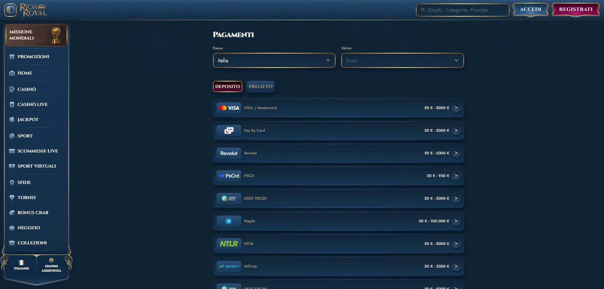 Metodi di pagamento RichRoyal Casino &mdash; deposito e prelievo rapido in Italia
